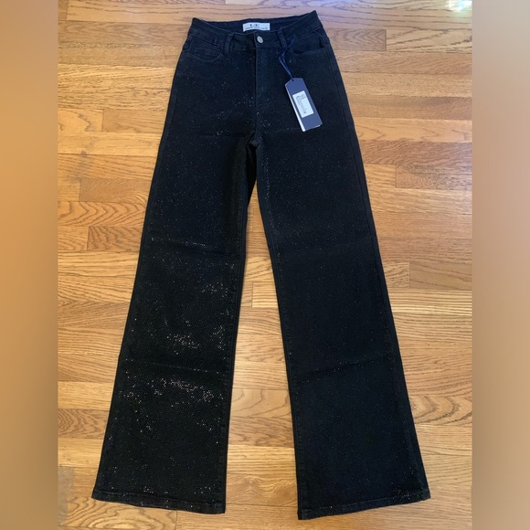 NWT Black rhinestone high waist wide/straight leg jeans size 5 - Picture 4 of 14